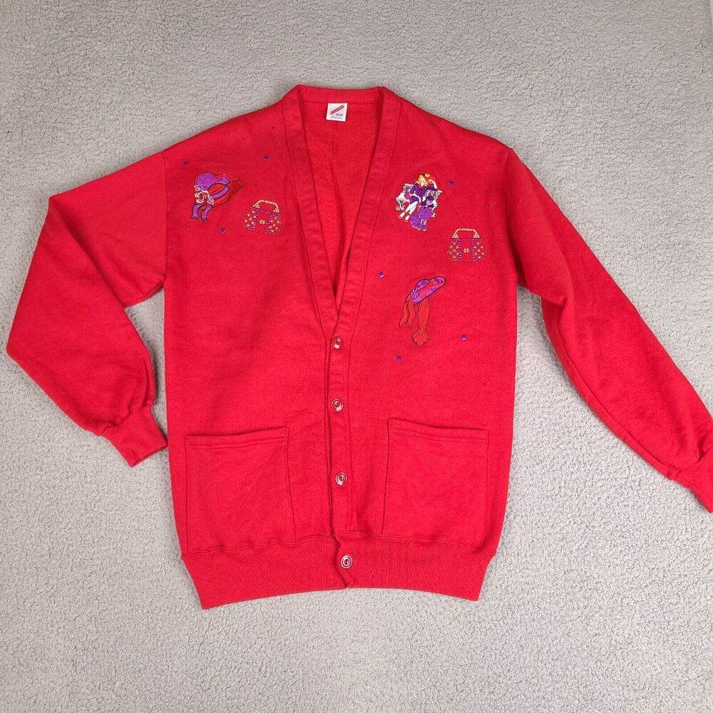 Vintage Jerzees Cardigan Sweater Womens One Size‎ Red Embroidered Lady Poodle